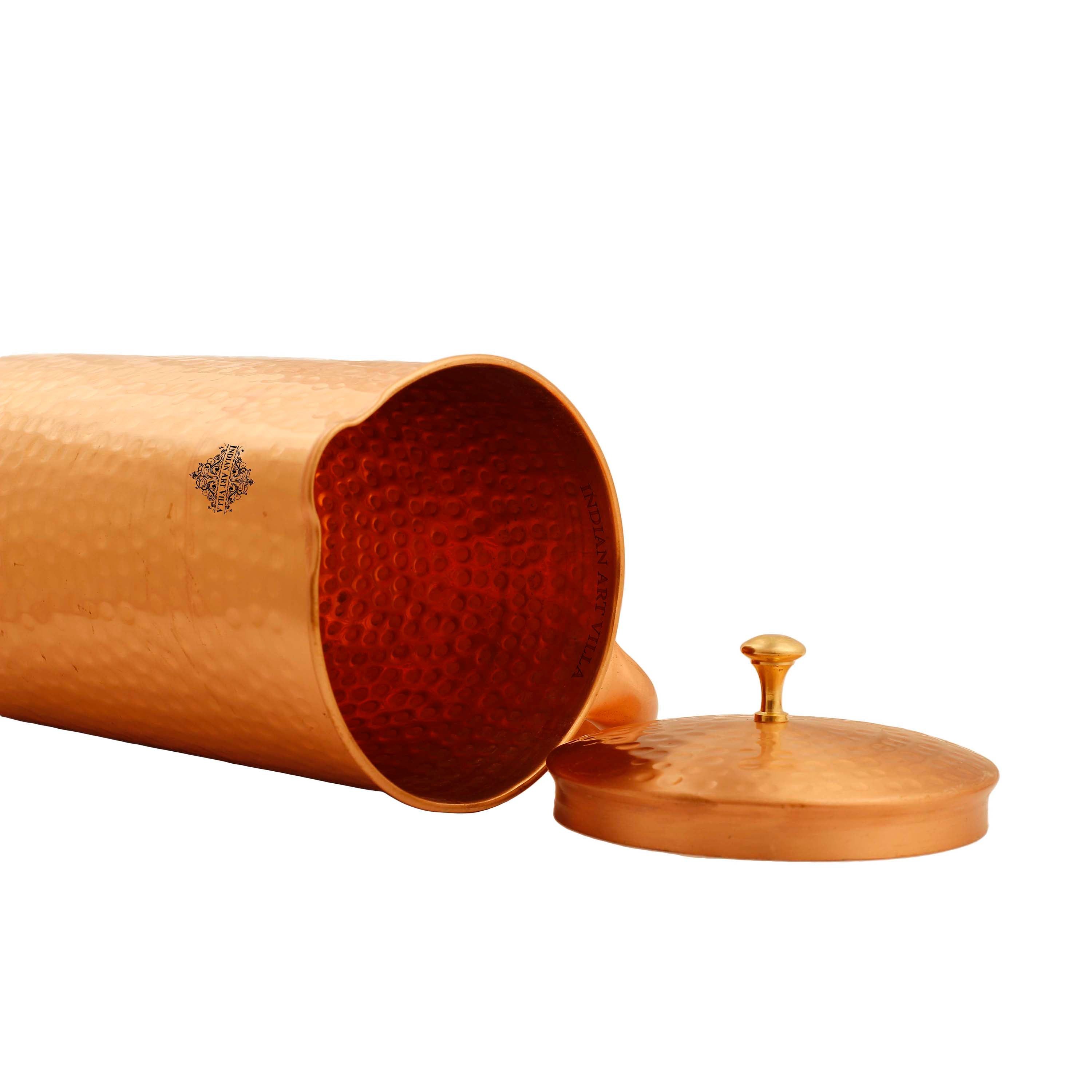 Pure copper matt hammered jug with brass knob on lid, 1500 ML